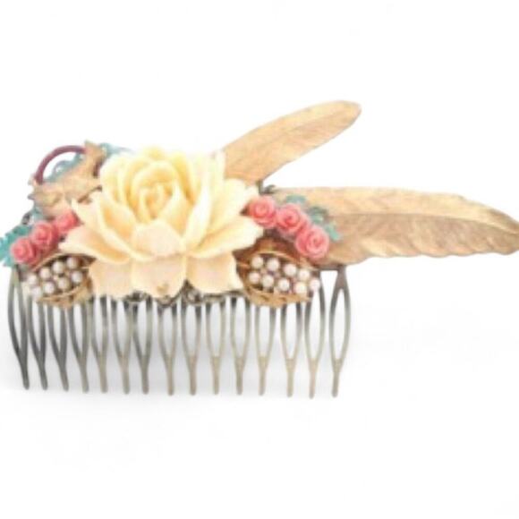 Bridal Boho Floral Hair Comb Wedding Vintage Feather Statement Accessory NWT main image 4